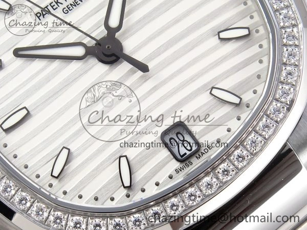 NAUTILUS 7118 LADIES SS PPF 1:1 BEST EDITION WHITE DIAL DIAMONDS BEZEL ON SS BRACELET 324CS