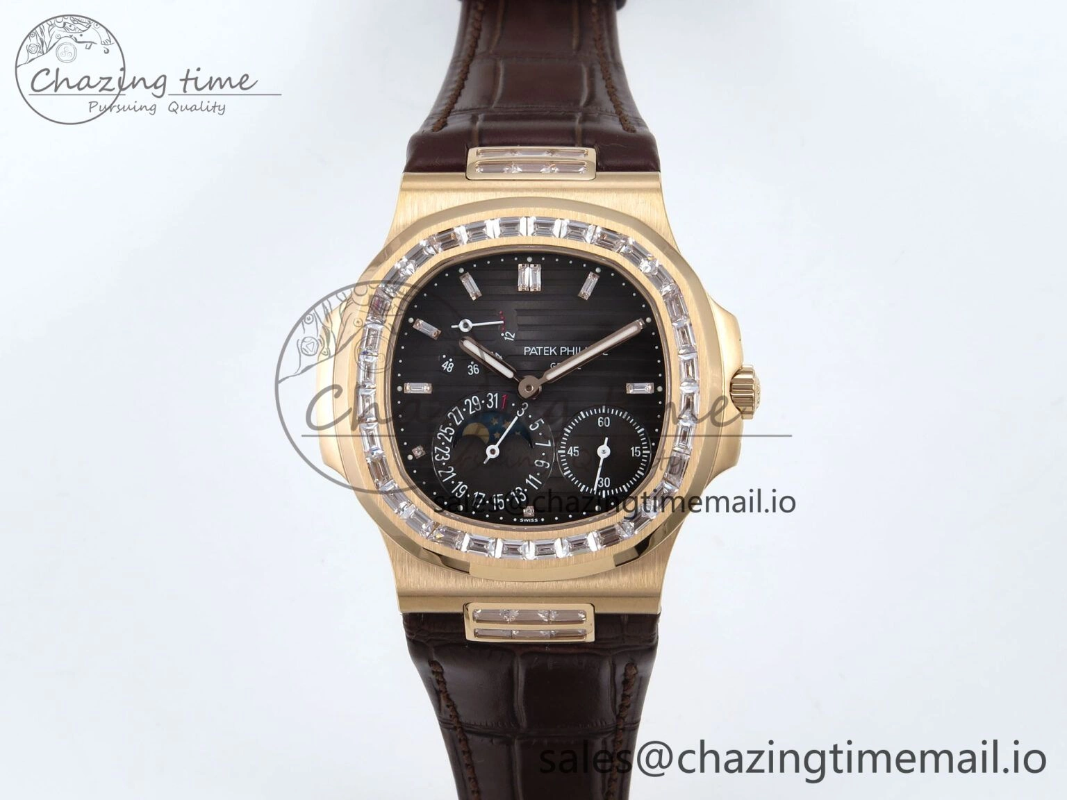 Nautilus 5712 RG PPF 1:1 Best Edition Gray Dial Diamonds Bezel on Brown Leather Strap A240 Super Clone V3