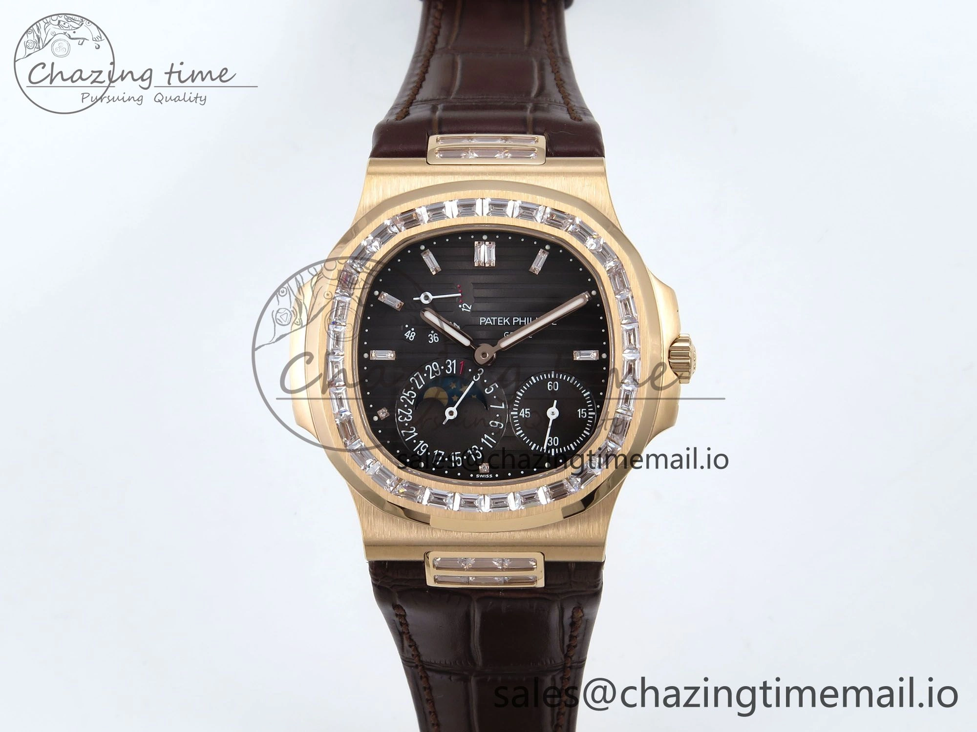 Nautilus 5712 RG PPF 1:1 Best Edition Gray Dial Diamonds Bezel on Brown Leather Strap A240 Super Clone V3