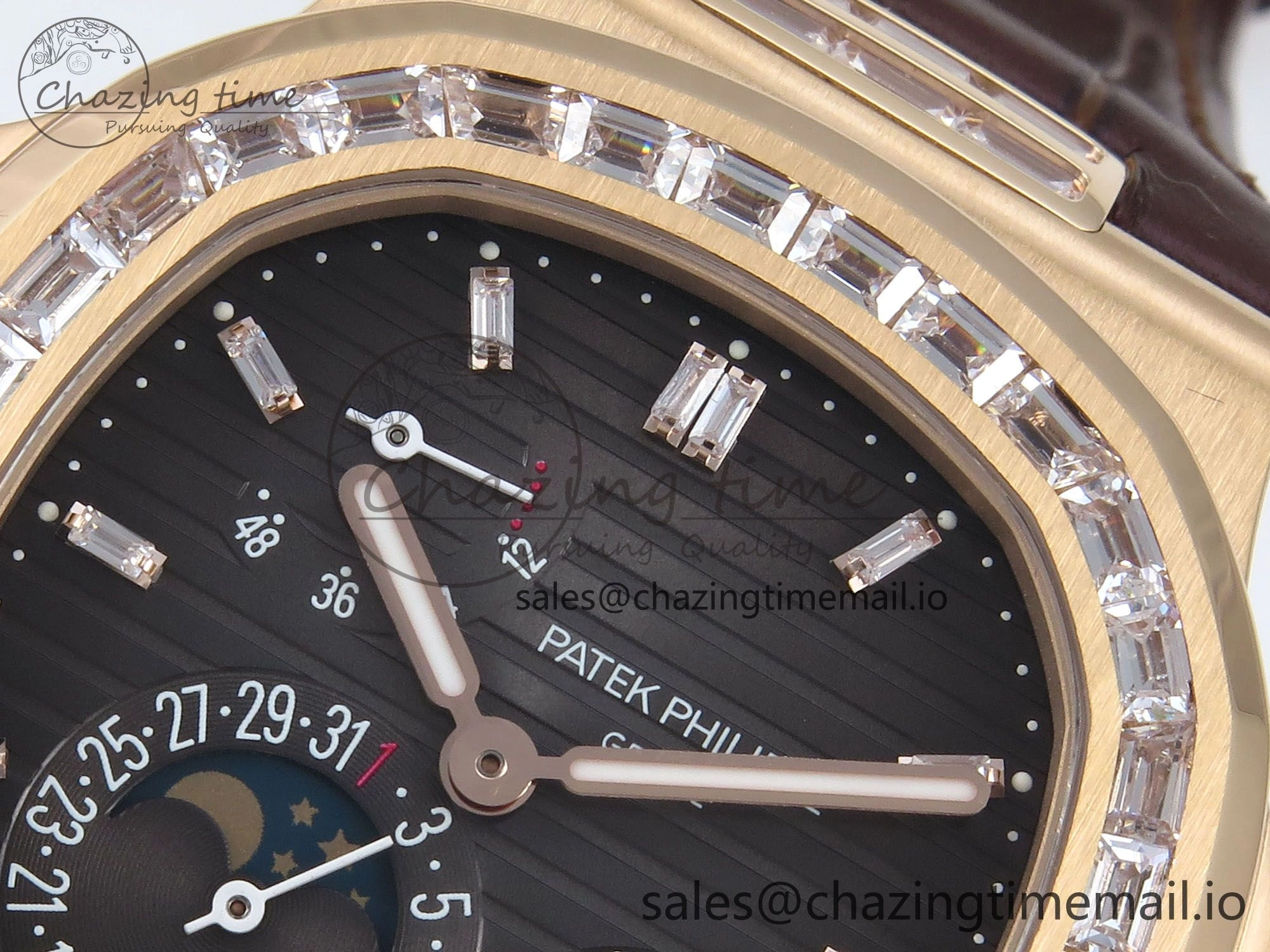 Nautilus 5712 RG PPF 1:1 Best Edition Gray Dial Diamonds Bezel on Brown Leather Strap A240 Super Clone V3
