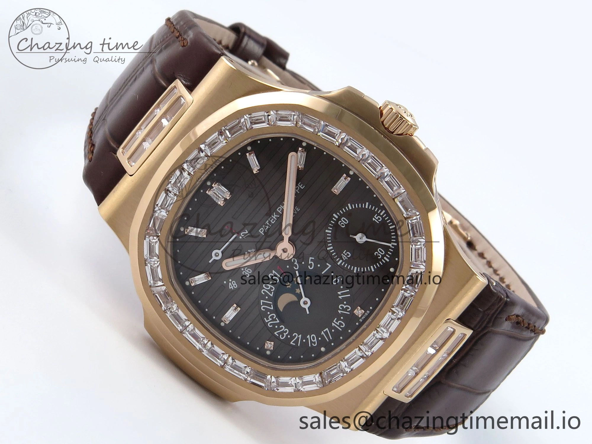 Nautilus 5712 RG PPF 1:1 Best Edition Gray Dial Diamonds Bezel on Brown Leather Strap A240 Super Clone V3