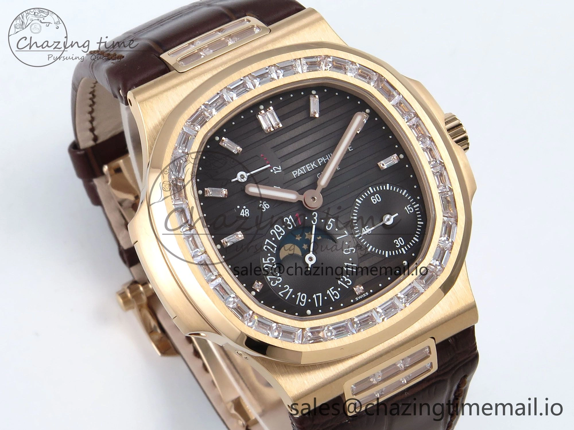 Nautilus 5712 RG PPF 1:1 Best Edition Gray Dial Diamonds Bezel on Brown Leather Strap A240 Super Clone V3
