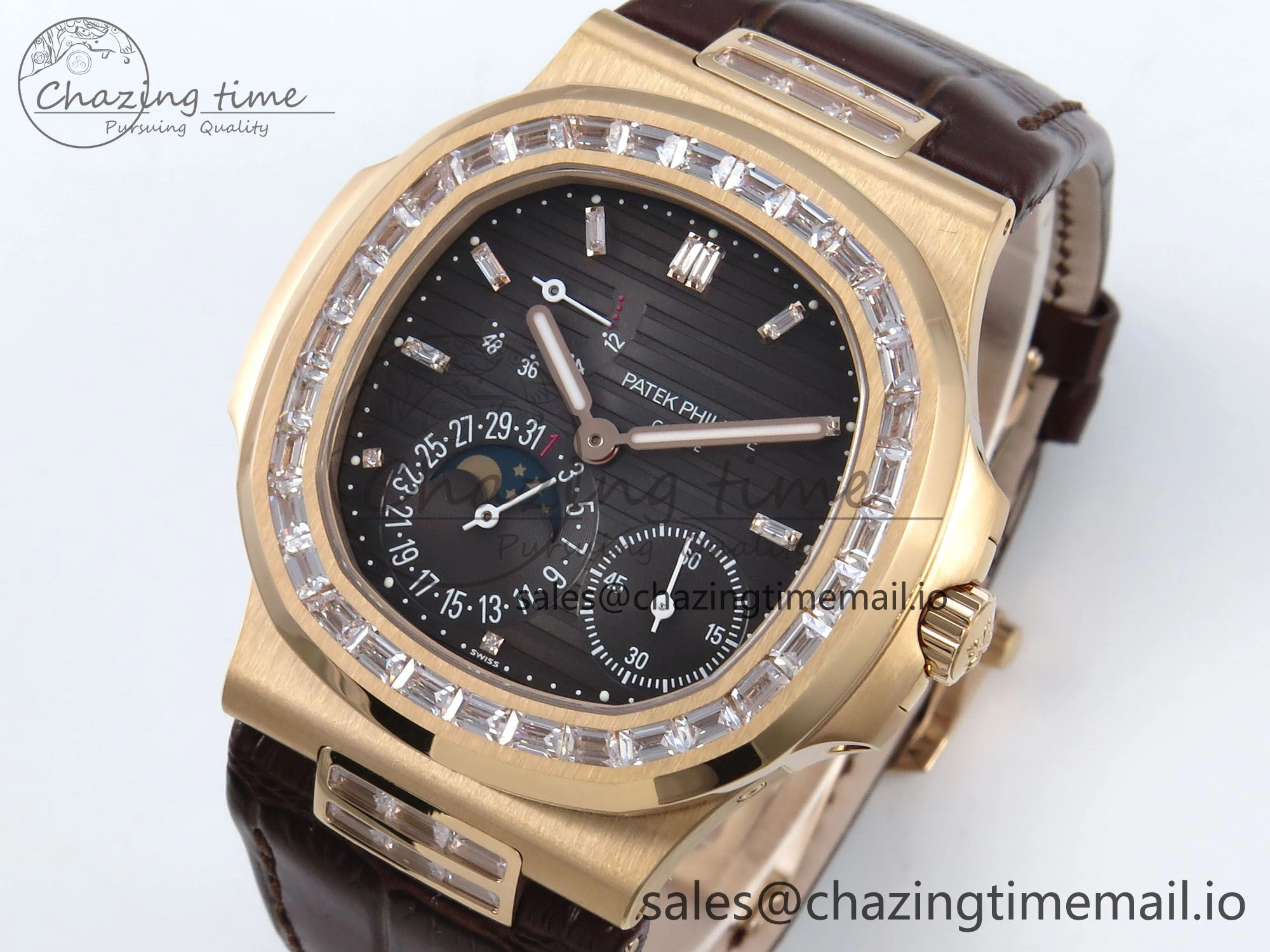 Nautilus 5712 RG PPF 1:1 Best Edition Gray Dial Diamonds Bezel on Brown Leather Strap A240 Super Clone V3