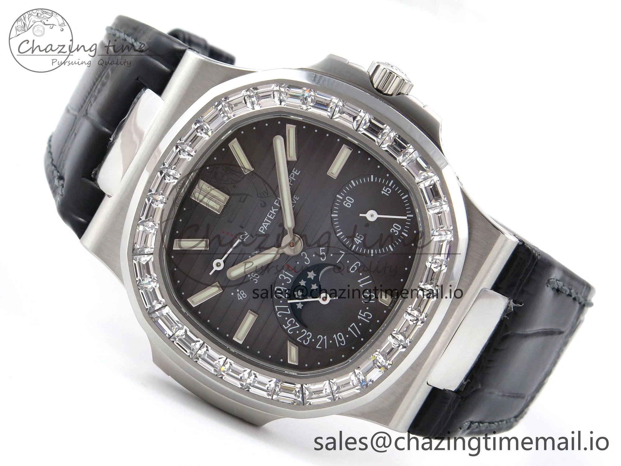 Nautilus 5712 SS PPF 1:1 Best Edition Blue Dial Diamonds Bezel on Black Leather Strap A240 Super Clone V2