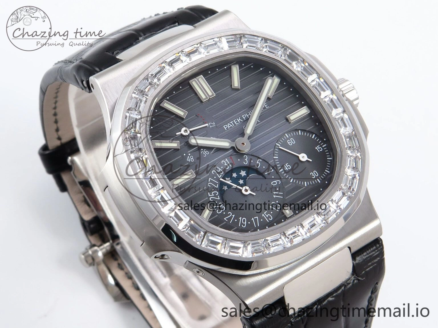 Nautilus 5712 SS PPF 1:1 Best Edition Blue Dial Diamonds Bezel on Black Leather Strap A240 Super Clone V2