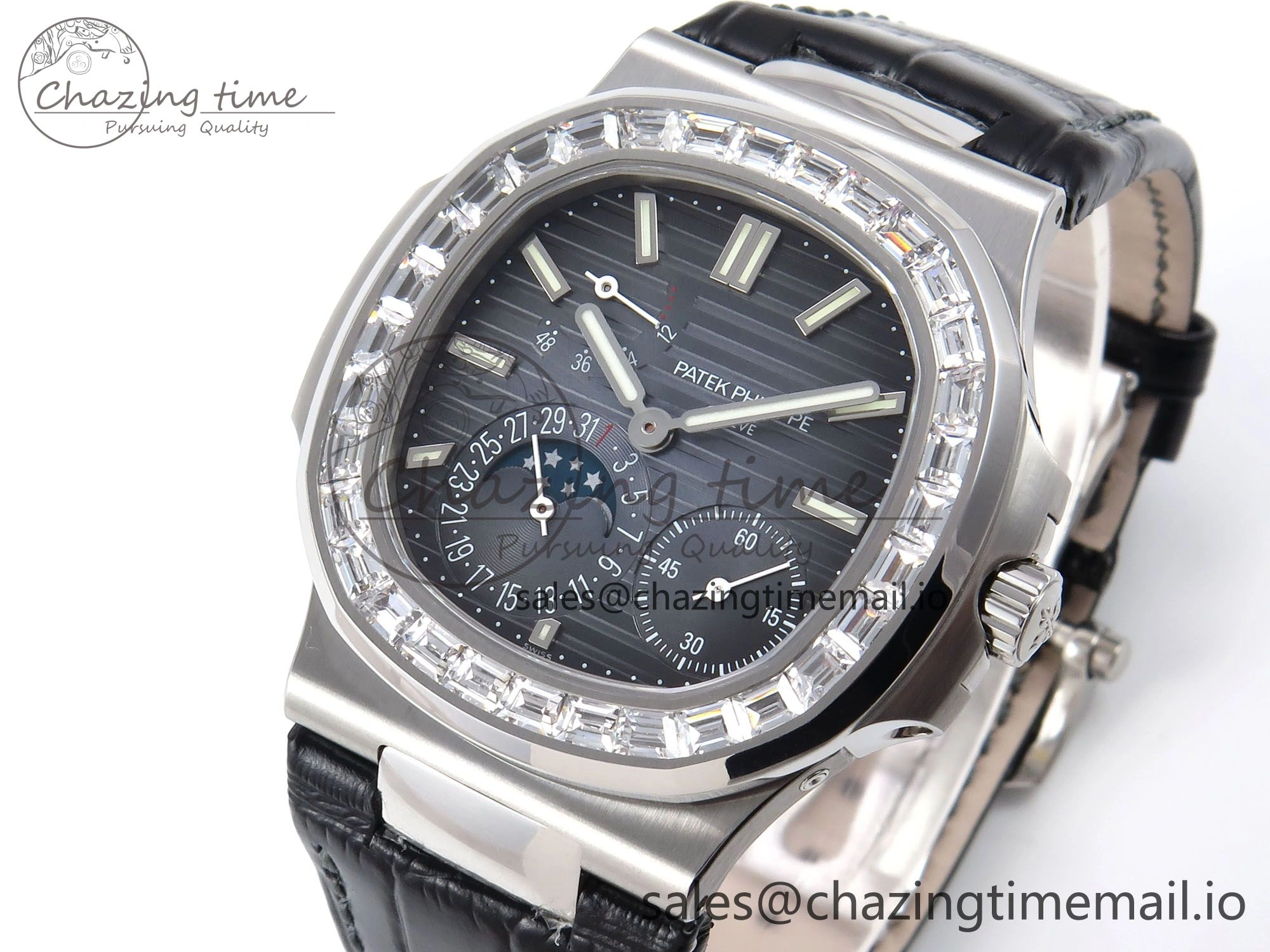 Nautilus 5712 SS PPF 1:1 Best Edition Blue Dial Diamonds Bezel on Black Leather Strap A240 Super Clone V2