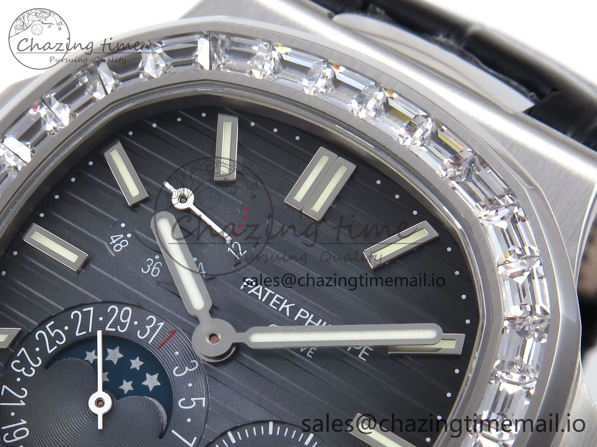 Nautilus 5712 SS PPF 1:1 Best Edition Blue Dial Diamonds Bezel on Black Leather Strap A240 Super Clone V2