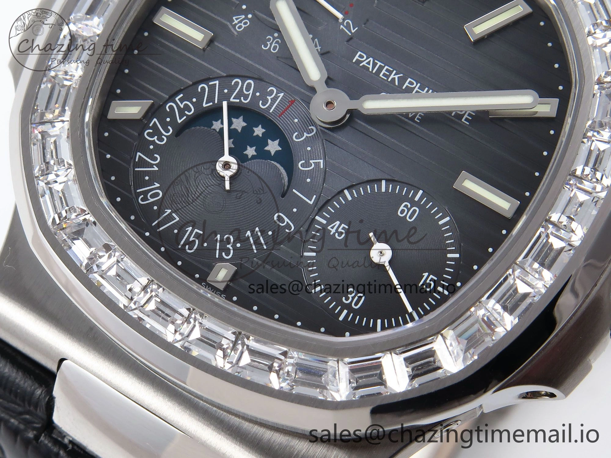 Nautilus 5712 SS PPF 1:1 Best Edition Blue Dial Diamonds Bezel on Black Leather Strap A240 Super Clone V2