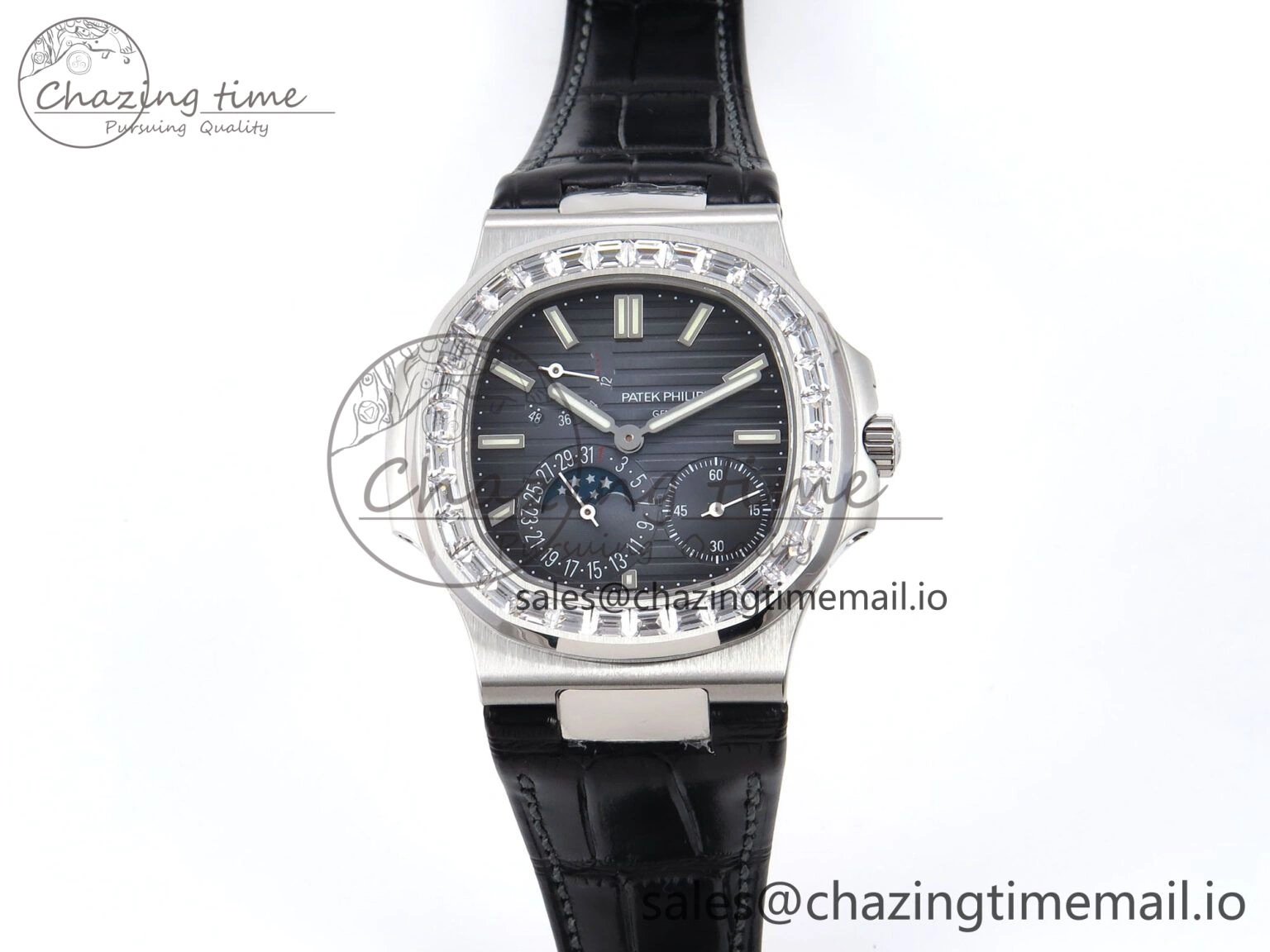 Nautilus 5712 SS PPF 1:1 Best Edition Blue Dial Diamonds Bezel on Black Leather Strap A240 Super Clone V2