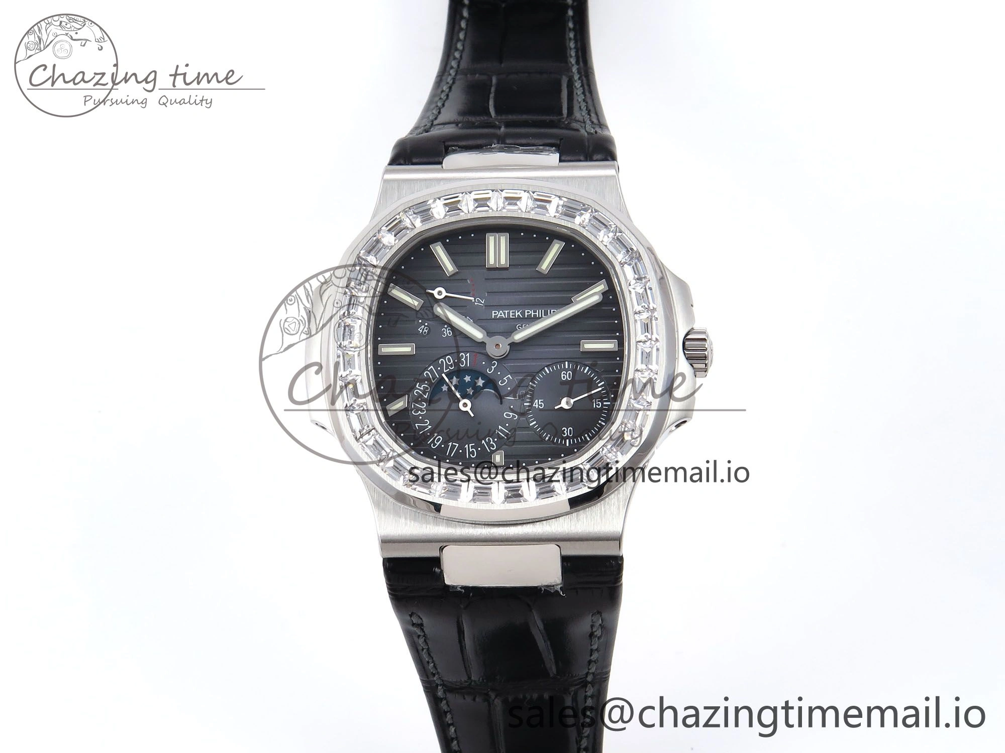 Nautilus 5712 SS PPF 1:1 Best Edition Blue Dial Diamonds Bezel on Black Leather Strap A240 Super Clone V2