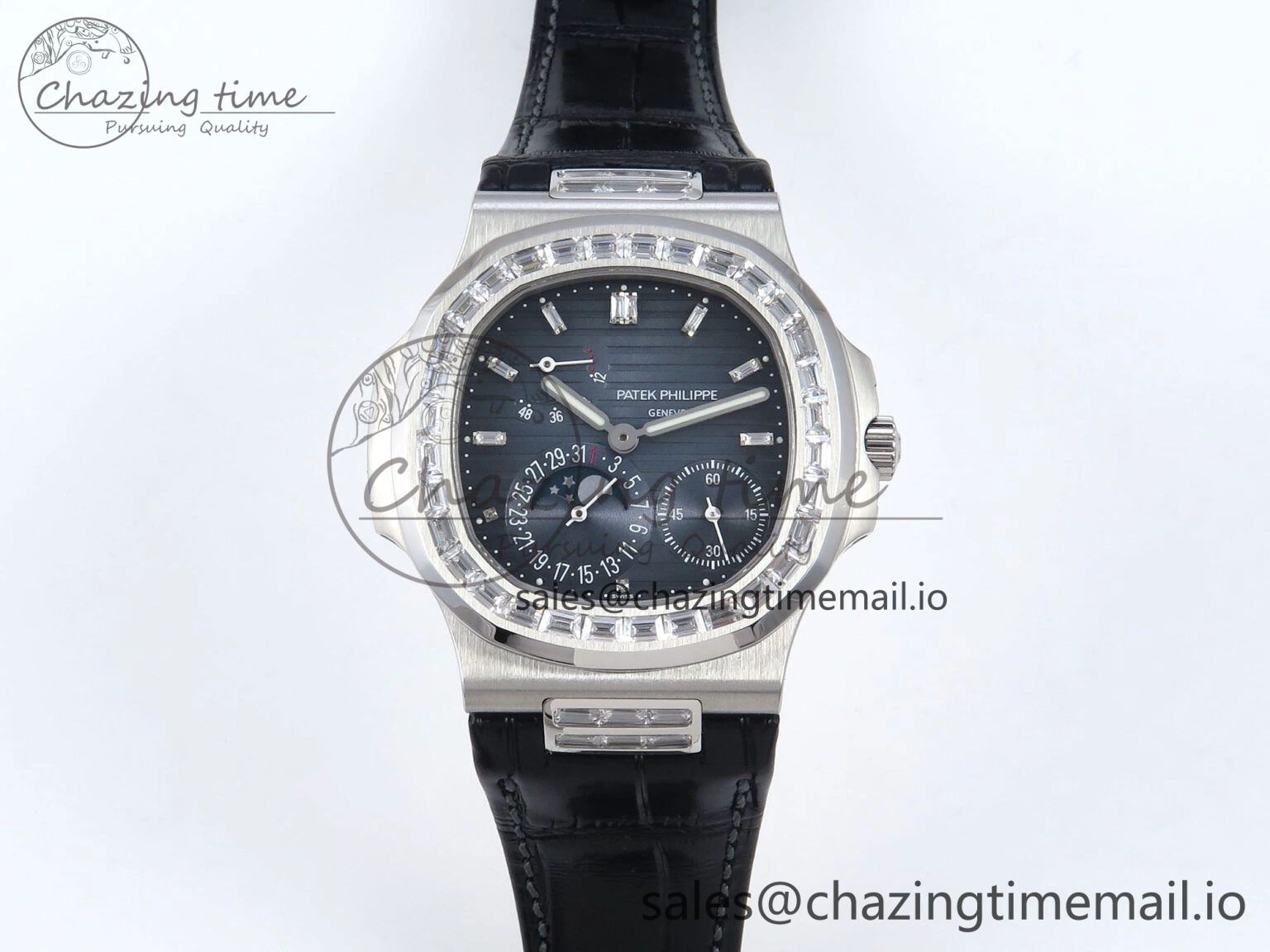 Nautilus 5712 SS PPF 1:1 Best Edition Blue Dial Diamonds Bezel on Black Leather Strap A240 Super Clone V3