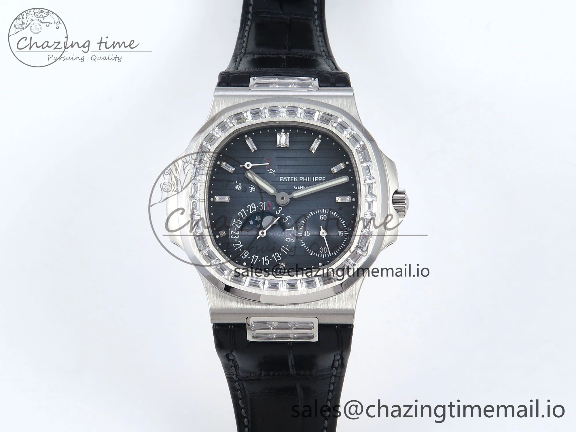 Nautilus 5712 SS PPF 1:1 Best Edition Blue Dial Diamonds Bezel on Black Leather Strap A240 Super Clone V3