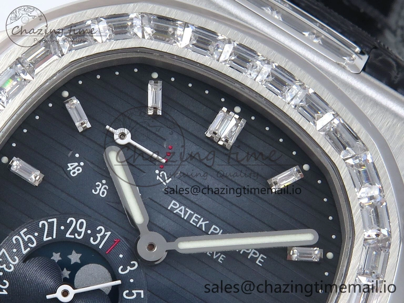 Nautilus 5712 SS PPF 1:1 Best Edition Blue Dial Diamonds Bezel on Black Leather Strap A240 Super Clone V3