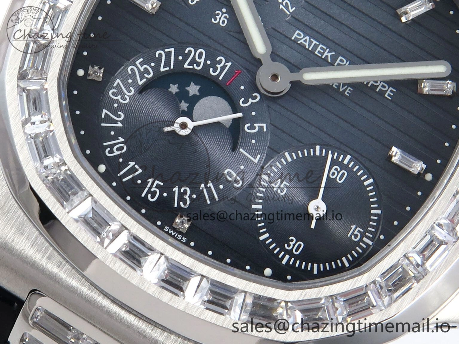 Nautilus 5712 SS PPF 1:1 Best Edition Blue Dial Diamonds Bezel on Black Leather Strap A240 Super Clone V3