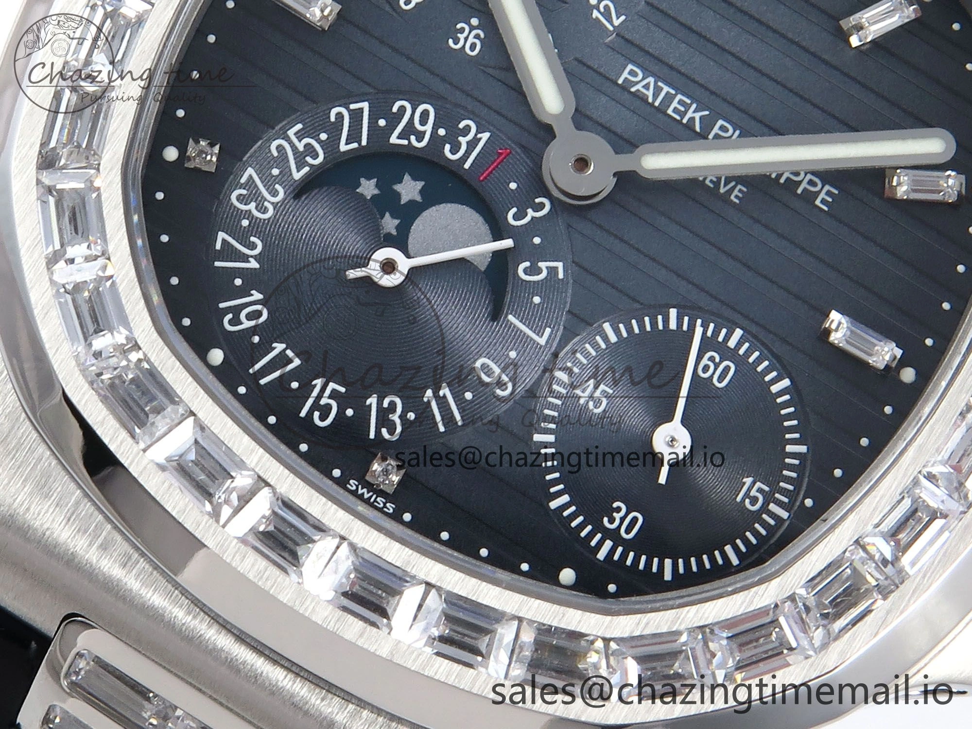 Nautilus 5712 SS PPF 1:1 Best Edition Blue Dial Diamonds Bezel on Black Leather Strap A240 Super Clone V3