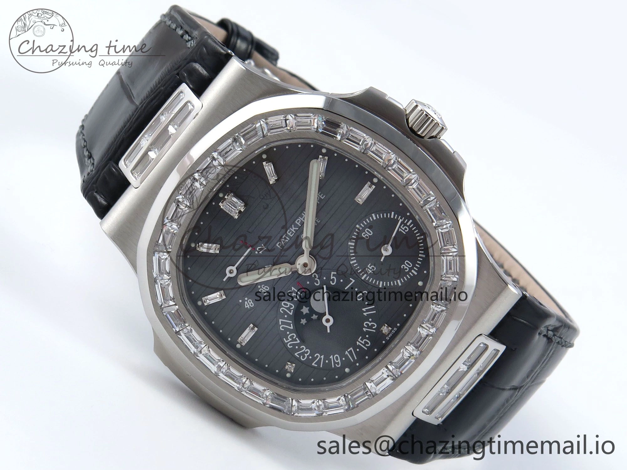 Nautilus 5712 SS PPF 1:1 Best Edition Blue Dial Diamonds Bezel on Black Leather Strap A240 Super Clone V3
