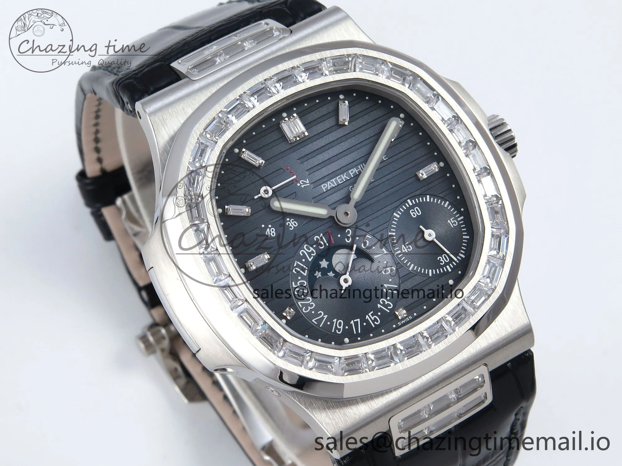 Nautilus 5712 SS PPF 1:1 Best Edition Blue Dial Diamonds Bezel on Black Leather Strap A240 Super Clone V3