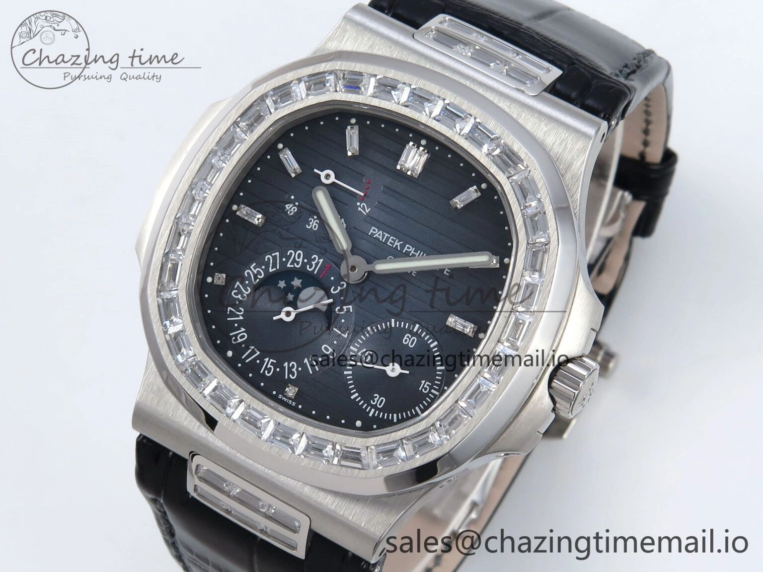 Nautilus 5712 SS PPF 1:1 Best Edition Blue Dial Diamonds Bezel on Black Leather Strap A240 Super Clone V3