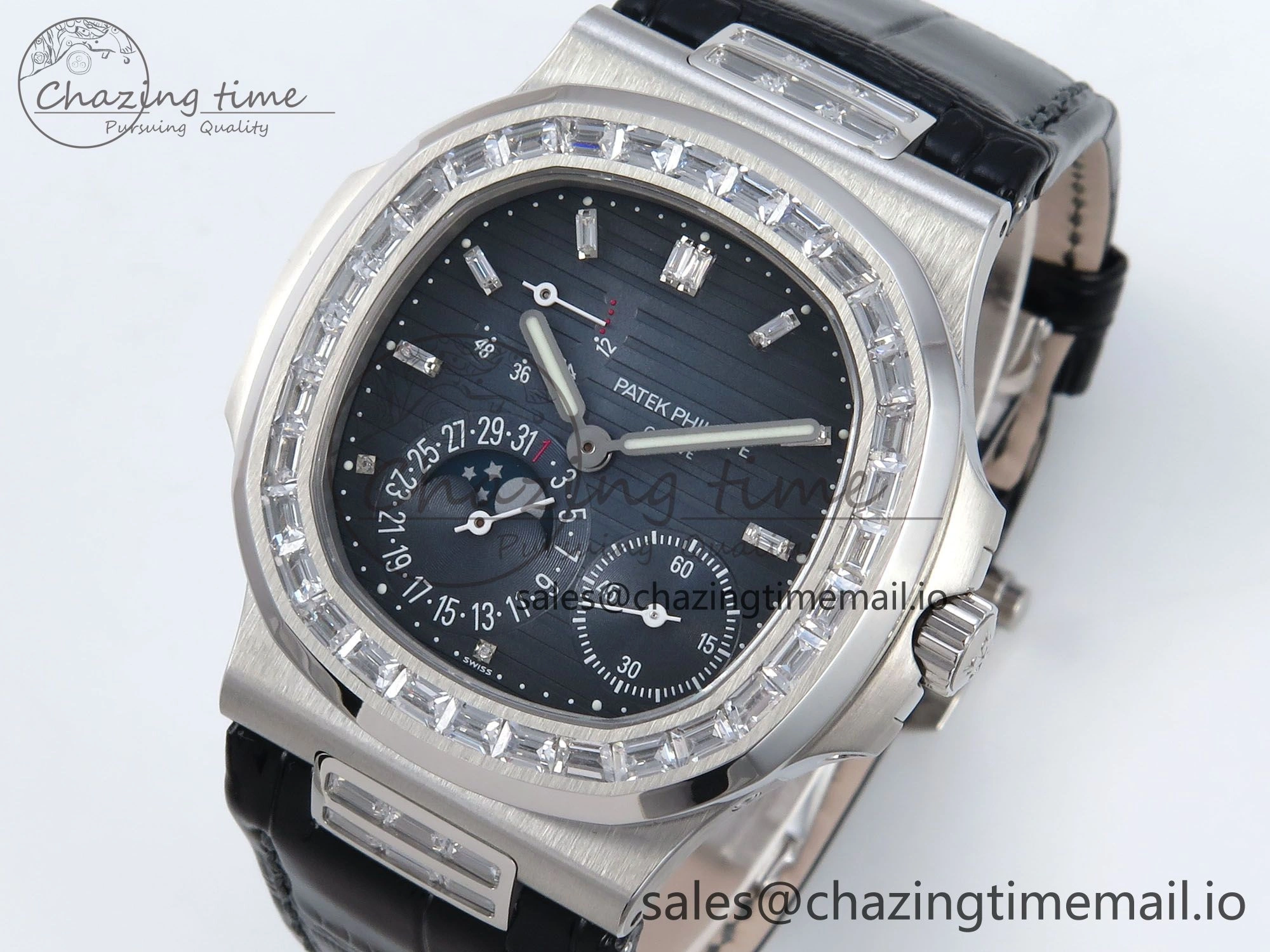 Nautilus 5712 SS PPF 1:1 Best Edition Blue Dial Diamonds Bezel on Black Leather Strap A240 Super Clone V3