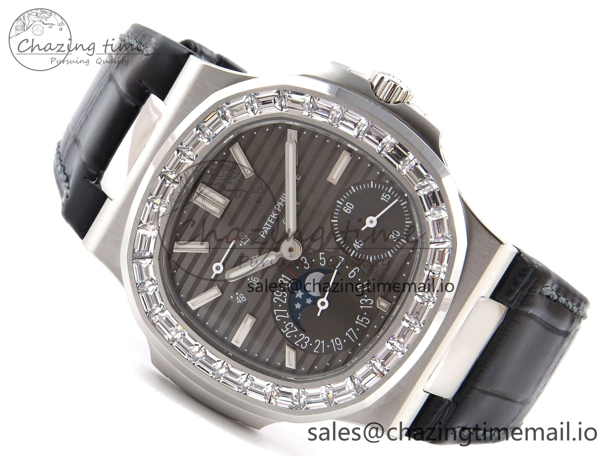 Nautilus 5712 SS PPF 1:1 Best Edition Gray Dial Diamonds Bezel on Black Leather Strap A240 Super Clone V2