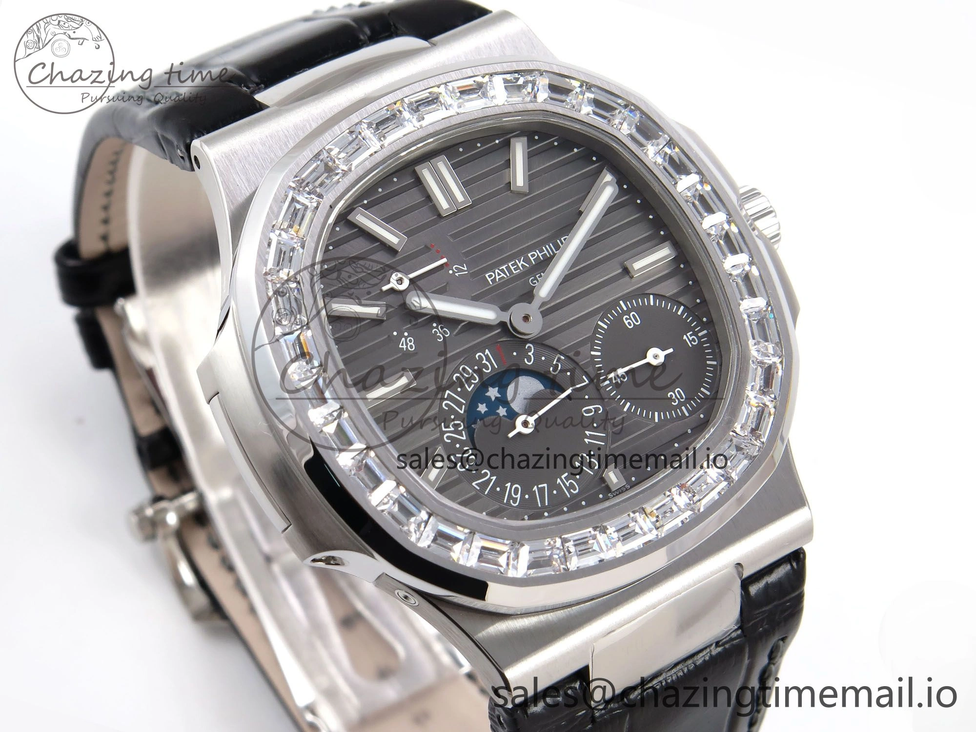 Nautilus 5712 SS PPF 1:1 Best Edition Gray Dial Diamonds Bezel on Black Leather Strap A240 Super Clone V2
