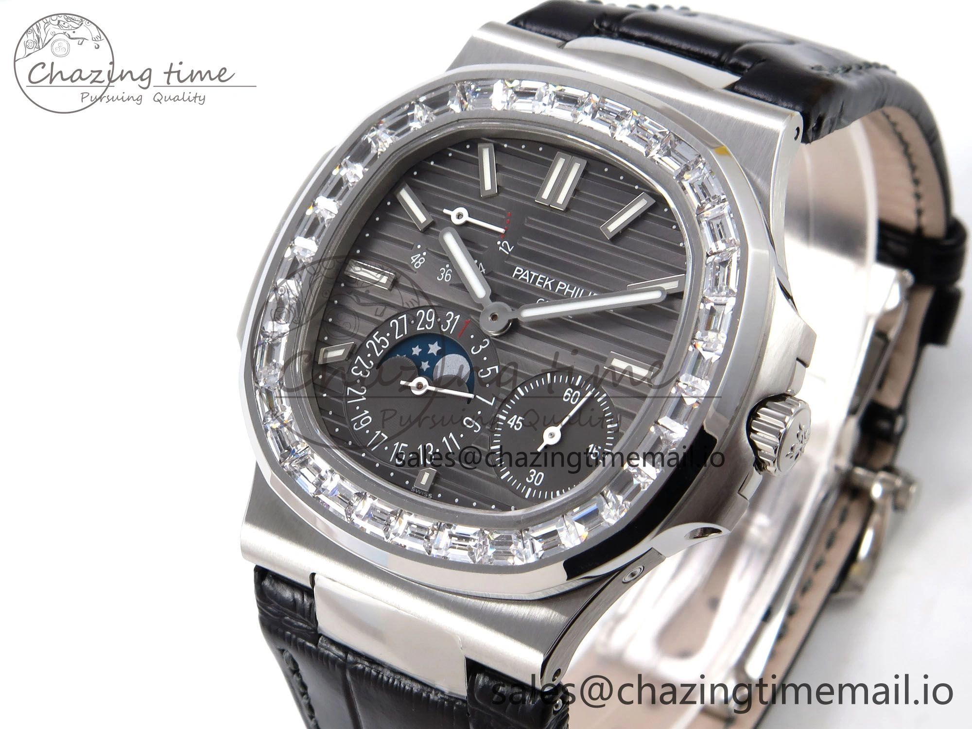 Nautilus 5712 SS PPF 1:1 Best Edition Gray Dial Diamonds Bezel on Black Leather Strap A240 Super Clone V2