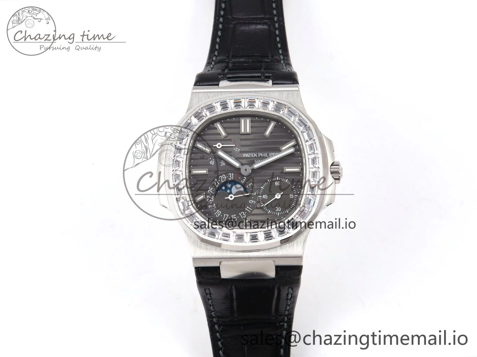 Nautilus 5712 SS PPF 1:1 Best Edition Gray Dial Diamonds Bezel on Black Leather Strap A240 Super Clone V2