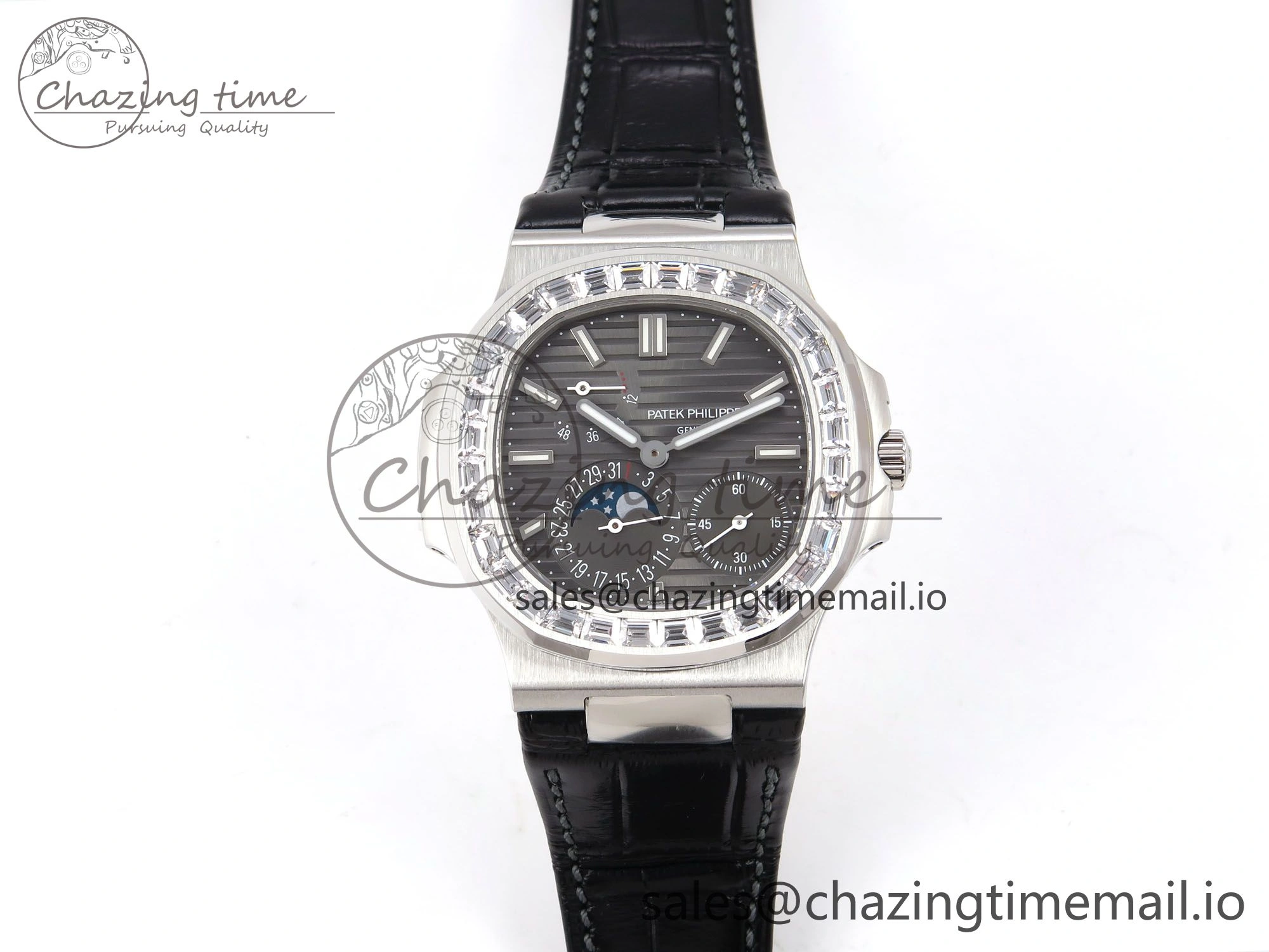 Nautilus 5712 SS PPF 1:1 Best Edition Gray Dial Diamonds Bezel on Black Leather Strap A240 Super Clone V2