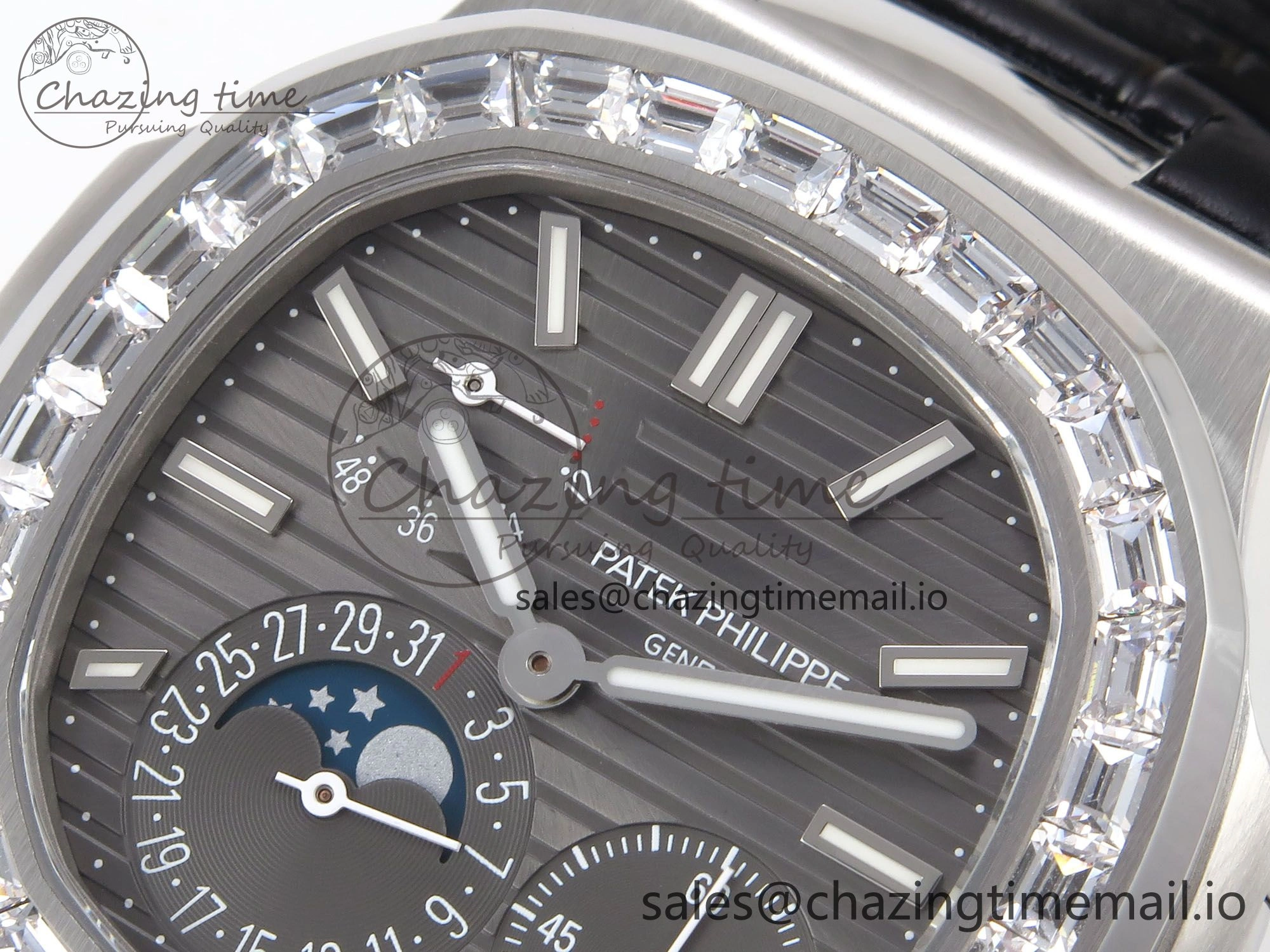 Nautilus 5712 SS PPF 1:1 Best Edition Gray Dial Diamonds Bezel on Black Leather Strap A240 Super Clone V2