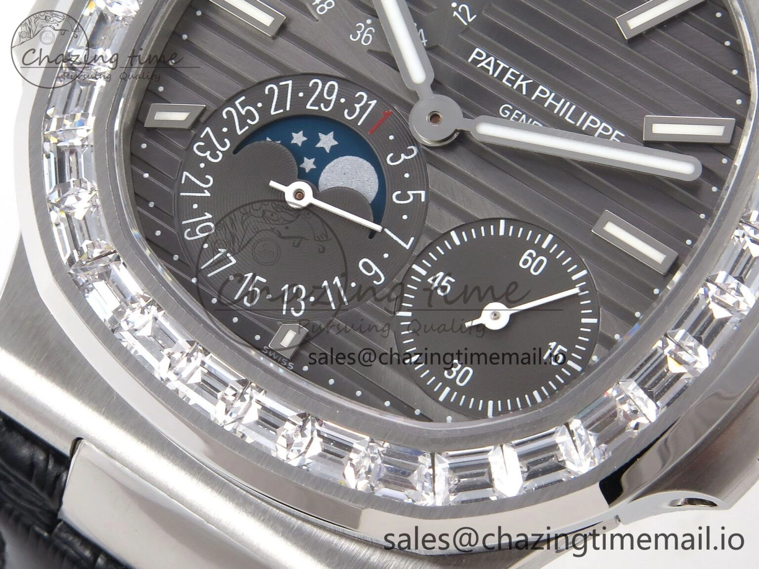 Nautilus 5712 SS PPF 1:1 Best Edition Gray Dial Diamonds Bezel on Black Leather Strap A240 Super Clone V2