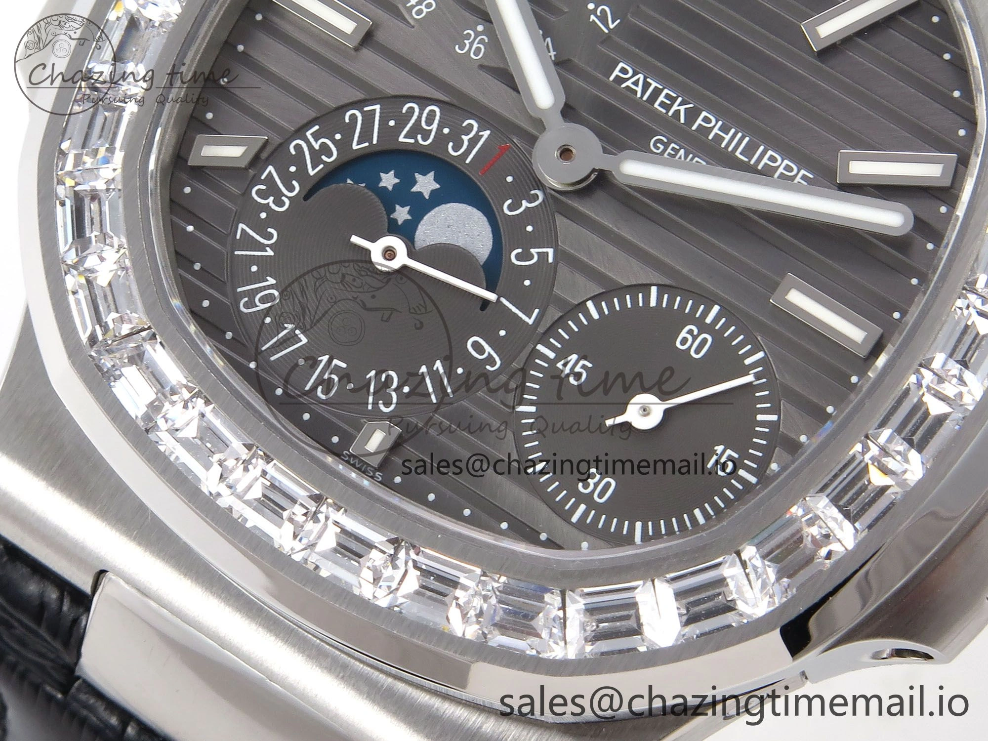 Nautilus 5712 SS PPF 1:1 Best Edition Gray Dial Diamonds Bezel on Black Leather Strap A240 Super Clone V2