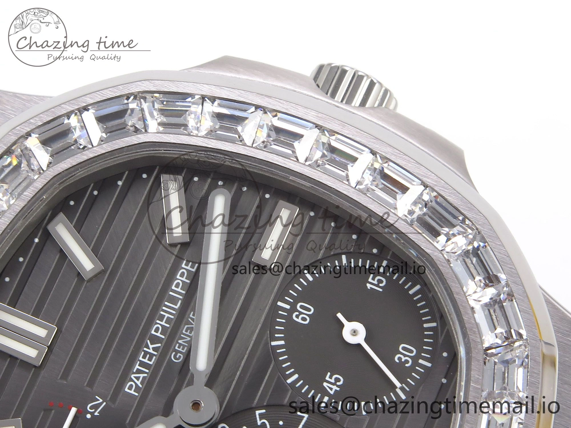 Nautilus 5712 SS PPF 1:1 Best Edition Gray Dial Diamonds Bezel on Black Leather Strap A240 Super Clone V2