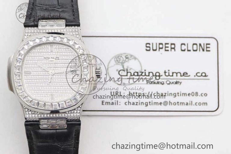 Nautilus 5719 GSF 1:1 Best Edition Full Diamonds Dial and Black Leather Strap 324CS