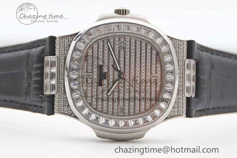 Nautilus 5719 GSF 1:1 Best Edition Full Diamonds Dial and Black Leather Strap 324CS