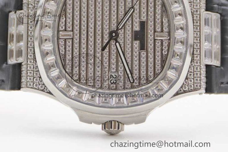 Nautilus 5719 GSF 1:1 Best Edition Full Diamonds Dial and Black Leather Strap 324CS