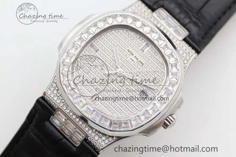 Nautilus 5719 GSF 1:1 Best Edition Full Diamonds Dial and Black Leather Strap 324CS