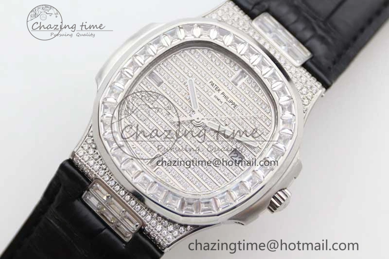Nautilus 5719 GSF 1:1 Best Edition Full Diamonds Dial and Black Leather Strap 324CS