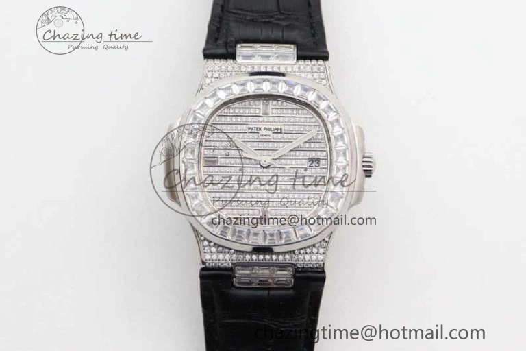 Nautilus 5719 GSF 1:1 Best Edition Full Diamonds Dial and Black Leather Strap 324CS