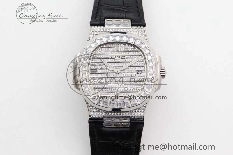 Nautilus 5719 GSF 1:1 Best Edition Full Diamonds Dial and Black Leather Strap 324CS