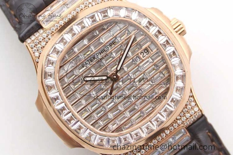 Nautilus 5719 RG 1:1 GSF Best Edition Full Diamonds Dial and brown Leather Strap 324CS6142