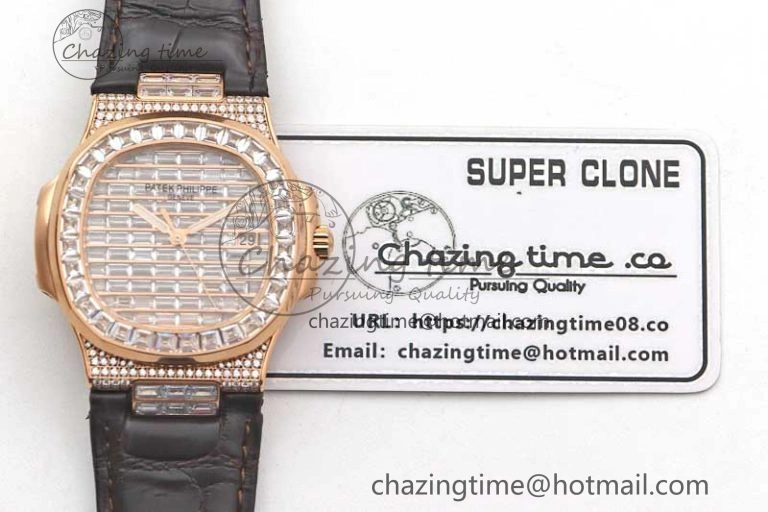 Nautilus 5719 RG 1:1 GSF Best Edition Full Diamonds Dial and brown Leather Strap 324CS6142