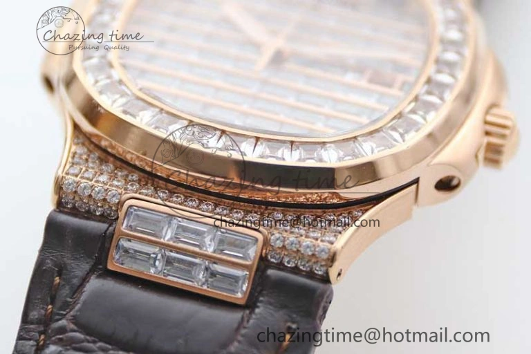 Nautilus 5719 RG 1:1 GSF Best Edition Full Diamonds Dial and brown Leather Strap 324CS6142