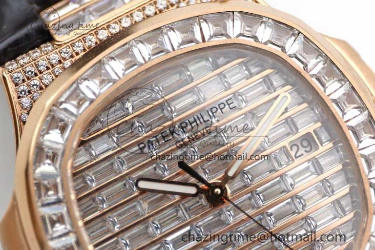 Nautilus 5719 RG 1:1 GSF Best Edition Full Diamonds Dial and brown Leather Strap 324CS6142