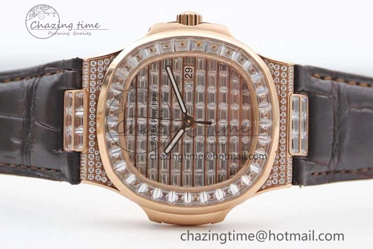 Nautilus 5719 RG 1:1 GSF Best Edition Full Diamonds Dial and brown Leather Strap 324CS6142