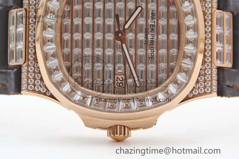 Nautilus 5719 RG 1:1 GSF Best Edition Full Diamonds Dial and brown Leather Strap 324CS6142
