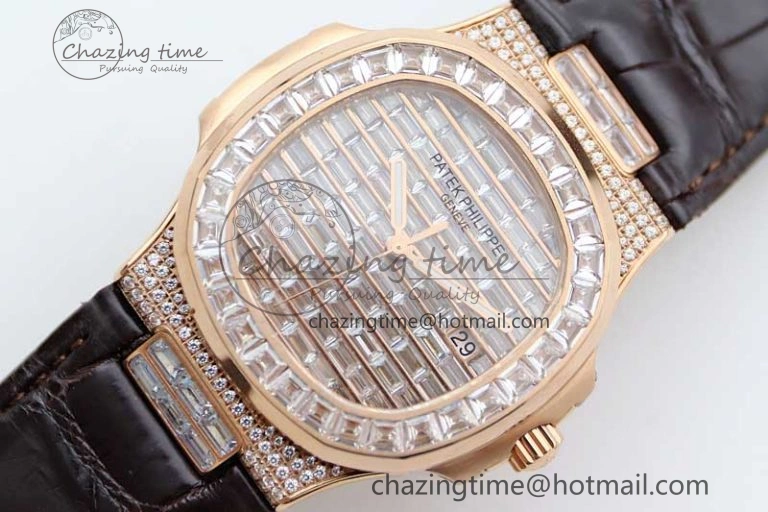 Nautilus 5719 RG 1:1 GSF Best Edition Full Diamonds Dial and brown Leather Strap 324CS6142