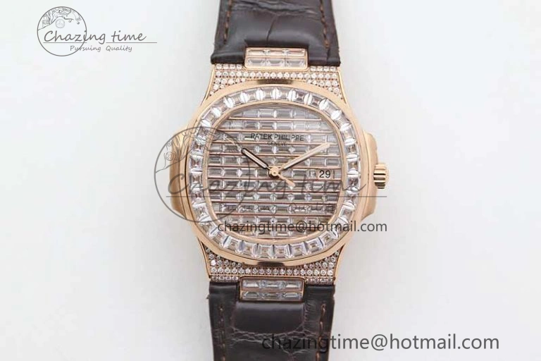 Nautilus 5719 RG 1:1 GSF Best Edition Full Diamonds Dial and brown Leather Strap 324CS6142