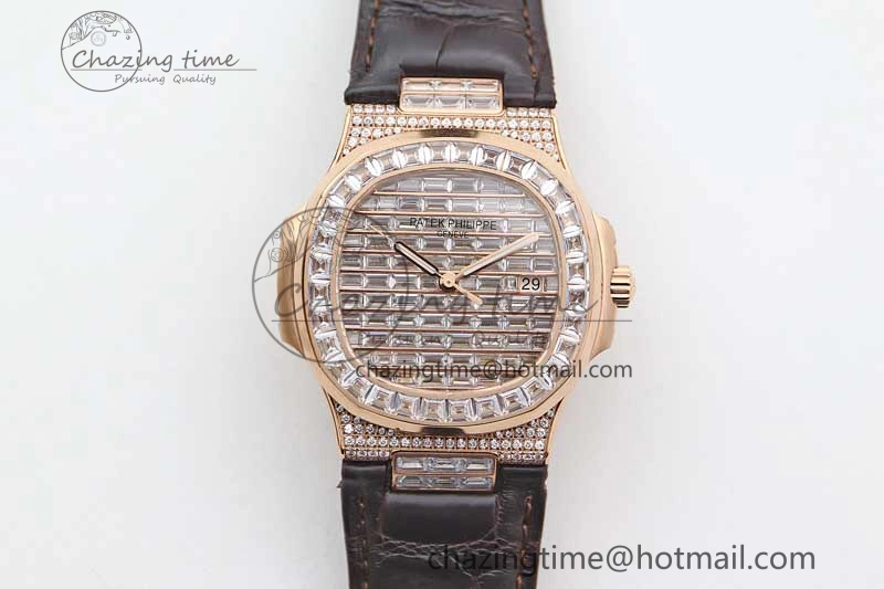 Nautilus 5719 RG 1:1 GSF Best Edition Full Diamonds Dial and brown Leather Strap 324CS6142
