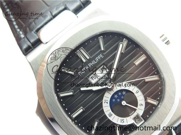 Nautilus 5726 Complicated SS GRF 1:1 Best Edition Black Textured Dial on Black Leather Strap A324 V3