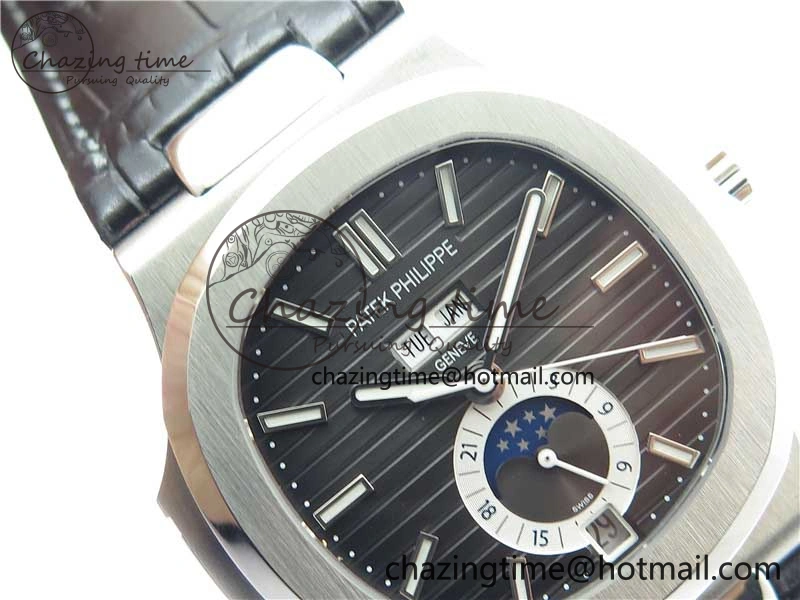 Nautilus 5726 Complicated SS GRF 1:1 Best Edition Black Textured Dial on Black Leather Strap A324 V3